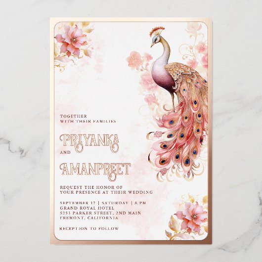 ピンクフローラインディアン結婚ピーコックバラ金ゴールド 箔招待状 (正面)