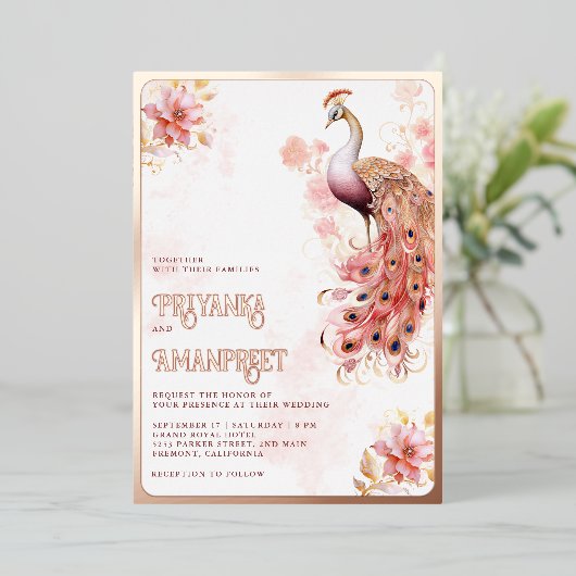 ピンクフローラインディアン結婚ピーコックバラ金ゴールド 箔招待状 (立ち正面)