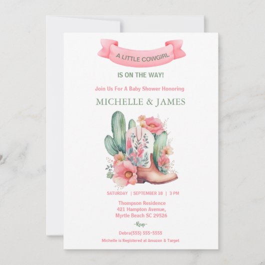 ピンクフローラウェスタン女性のカーボーイベビーシャワー 招待状 (正面)