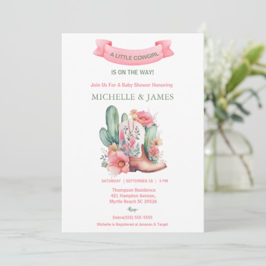 ピンクフローラウェスタン女性のカーボーイベビーシャワー 招待状 (スタンド正面)