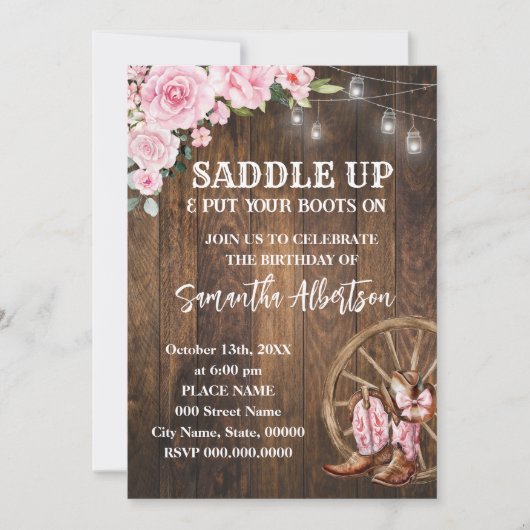 ピンクフローラウェスタン女性のカーボーイ誕生日国 招待状 (正面)