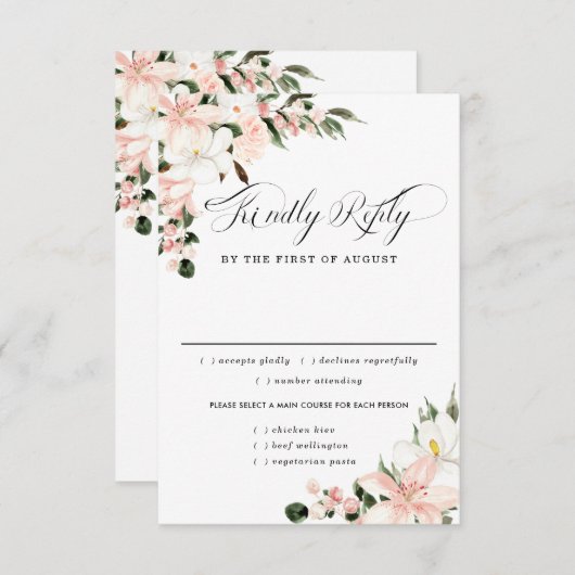 ピンクフローラウェディングRSVPカード、食事オプション 出欠カード (正面/裏面)