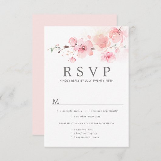 ピンクフローラウェディングRSVPカード、食事オプション 出欠カード (正面/裏面)