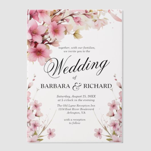 ピンクフローラウォーターカラーエレガンス結婚ズ ベラム紙招待状 (正面)