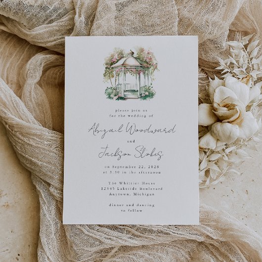 ピンクフローラウォーターカラーガゼボ結婚式招待状 招待状