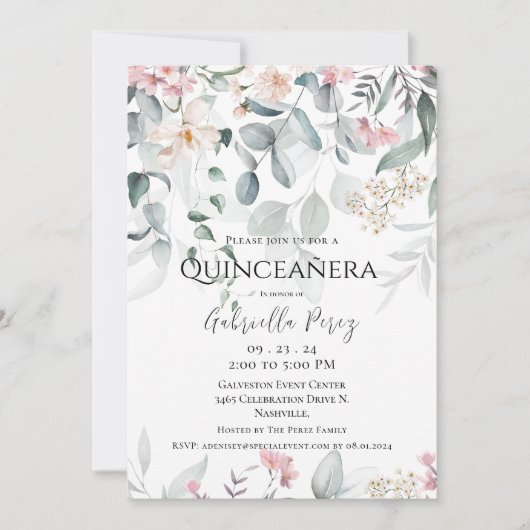 ピンクフローラウォーターカラーキンセアニラ 招待状 (正面)