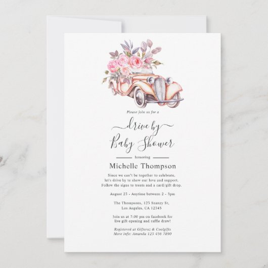 ピンクフローラウォーターカラーパリテーマドライブバイシャワー 招待状 (正面)