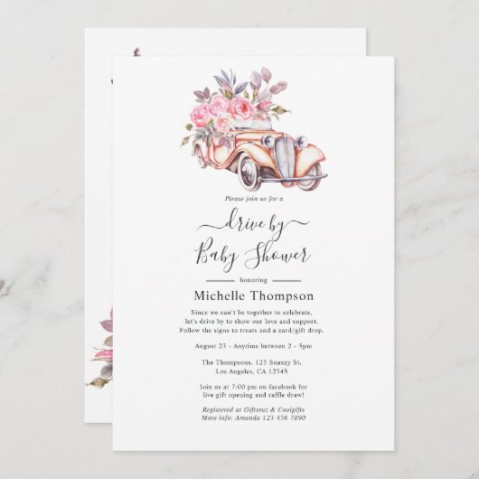 ピンクフローラウォーターカラーパリテーマドライブバイシャワー 招待状 (正面/裏面)
