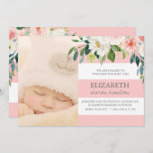 ピンクフローラウォーターカラーベビーガールフォト誕生 案内状 (正面/裏面)