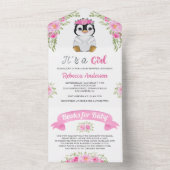 ピンクフローラウォーターカラーペンギンベビーシャワー オールインワン招待状 (内側)