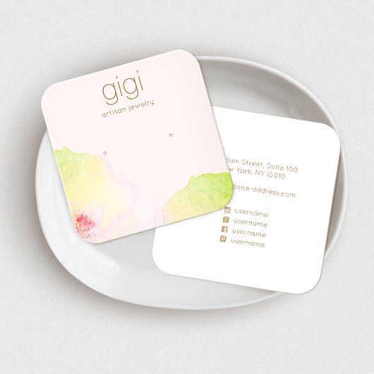 ピンクフローラウオータカラースタッドイヤリング表示ホルダー スクエア名刺