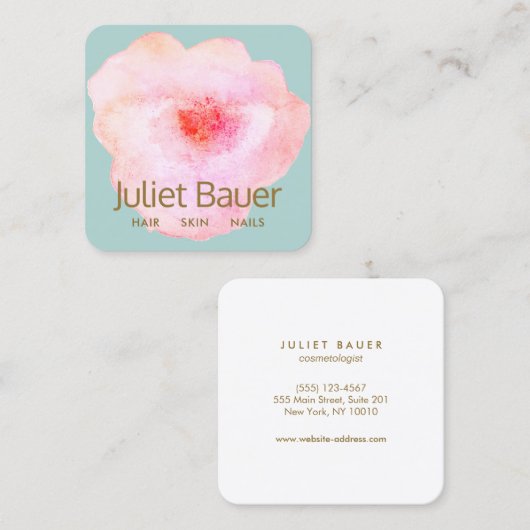 ピンクフローラウオーターカラー美しいサロンスクエアブシン スクエア名刺 (正面/裏面)
