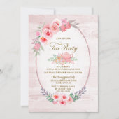 ピンクフローラウッドティーパーティーブライダルシャワー 招待状 (正面)