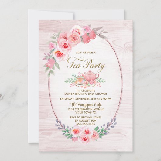 ピンクフローラウッドティーパーティーベビーシャワー 招待状 (正面)