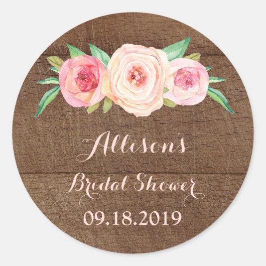 ピンクフローラウッドブライダルシャワーメッセージカード ラウンドシール (正面)