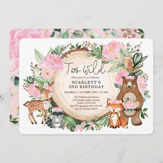 ピンクフローラウッドランドガール2歳の誕生日パーティー 招待状 (正面/裏面)