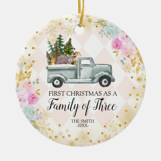 ピンクフローラウッドランドクリスマスファミリー セラミックオーナメント (正面)