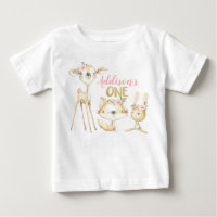ピンクフローラウッドランドファースト誕生日Tシャツ