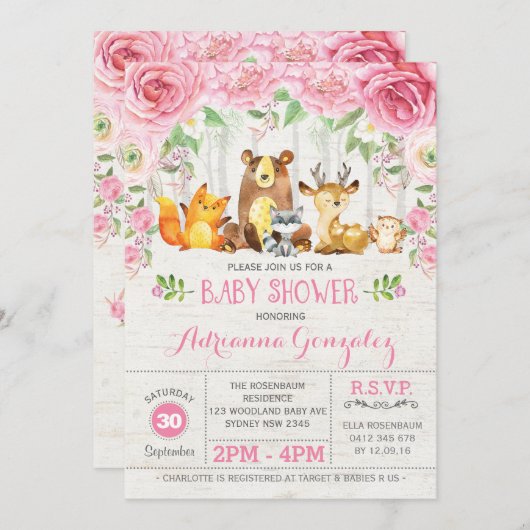 ピンクフローラウッドランド動物ベビーシャワー招待状 招待状 (正面/裏面)