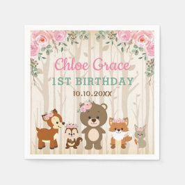 ピンクフローラウッドランド1stバースデーガールベビーシャワー スタンダードカクテルナプキン