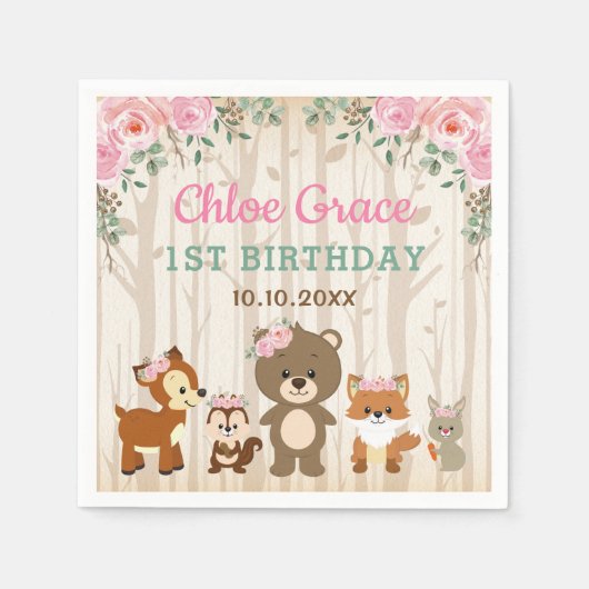 ピンクフローラウッドランド1stバースデーガールベビーシャワー スタンダードカクテルナプキン (正面)
