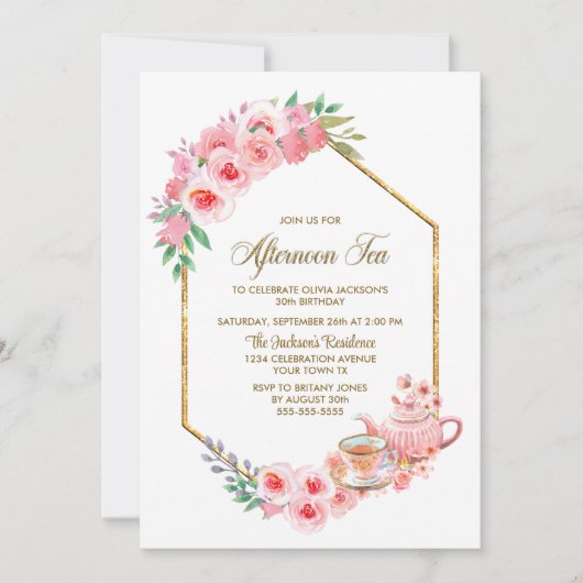 ピンクフローラエイジアフタヌーンティー誕生日 招待状 (正面)