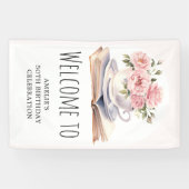 ピンクフローラエイジブックテーマ誕生日へようこそ 横断幕 (横)