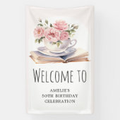 ピンクフローラエイジブックテーマ誕生日へようこそ 横断幕 (縦)