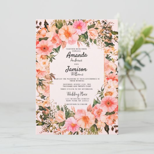 ピンクフローラエレガンスガーデンフラッ結婚ズ 招待状 (スタンド正面)