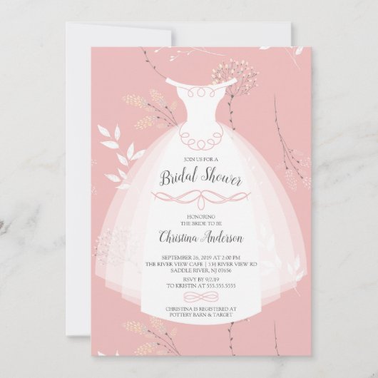 ピンクフローラエレガンスブライドガウンブライダルシャワー 招待状 (正面)