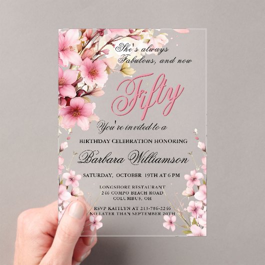 ピンクフローラエレガンス50th & Fabバースデーパーティー アクリル招待状 (インサイチュ (ポータブル))