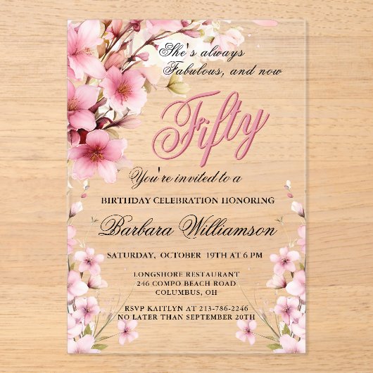 ピンクフローラエレガンス50th & Fabバースデーパーティー アクリル招待状 (正面)