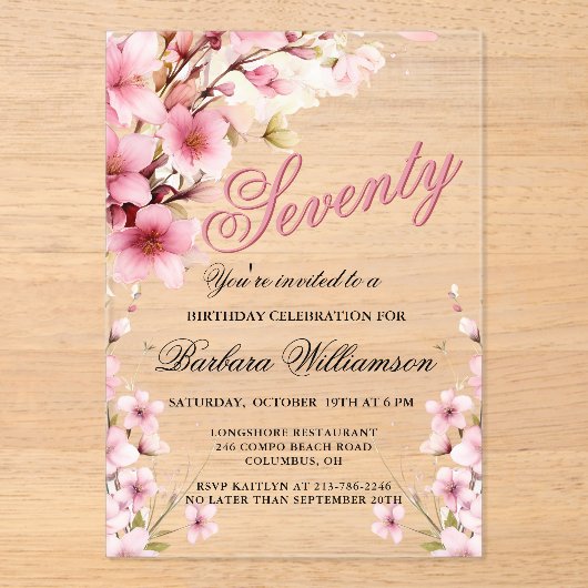 ピンクフローラエレガンス70thバースデーパーティー アクリル招待状 (正面)