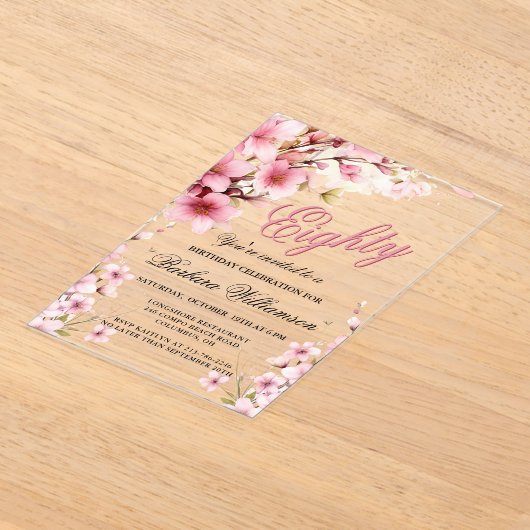 ピンクフローラエレガンス80thバースデーパーティー アクリル招待状 (レイダウン)