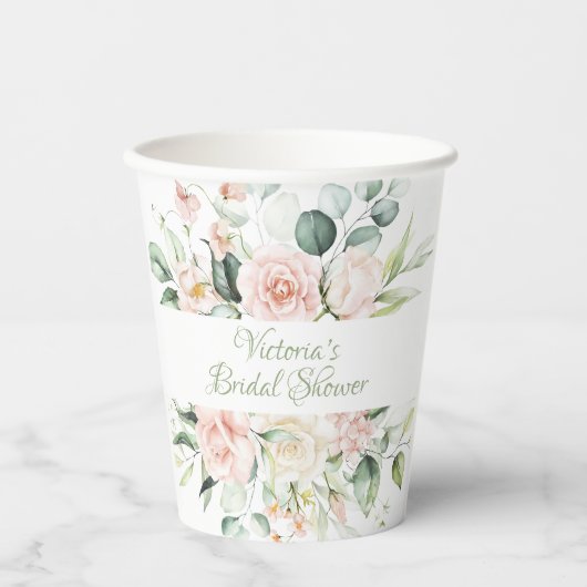 ピンクフローラエレガントパーソナライズされたブライダルシャワー 紙コップ (正面)