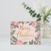 ピンクフローラエレガントメリークリスマスホリデーカード シーズンカード (スタンド正面)