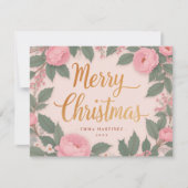 ピンクフローラエレガントメリークリスマスホリデーカード シーズンカード (正面)