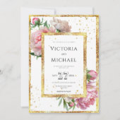 ピンクフローラエレガント牡丹結婚金ゴールド 招待状 (正面)