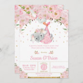 ピンクフローラエレファントストークバンドルガールベビーシャワー 招待状 (正面/裏面)