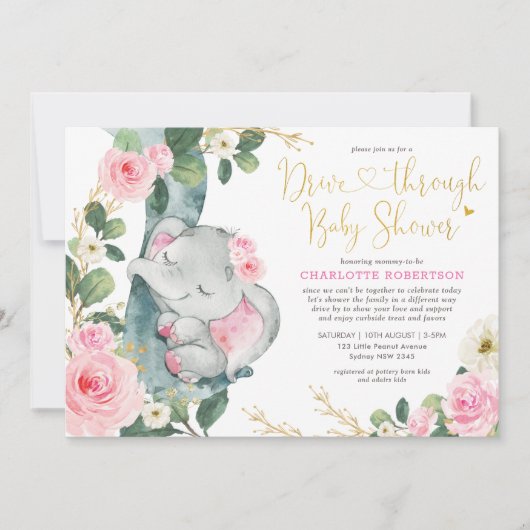 ピンクフローラエレファントドライブバイガールベイビーシャワー 招待状 (正面)