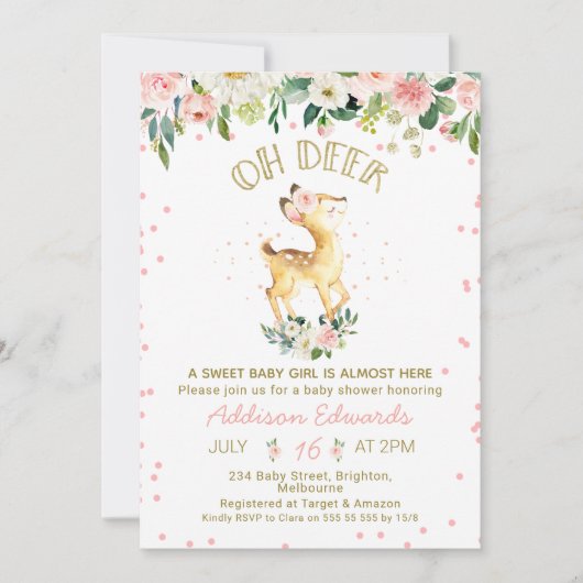 ピンクフローラオーディアガールズベビーシャワー招待状 招待状 (正面)