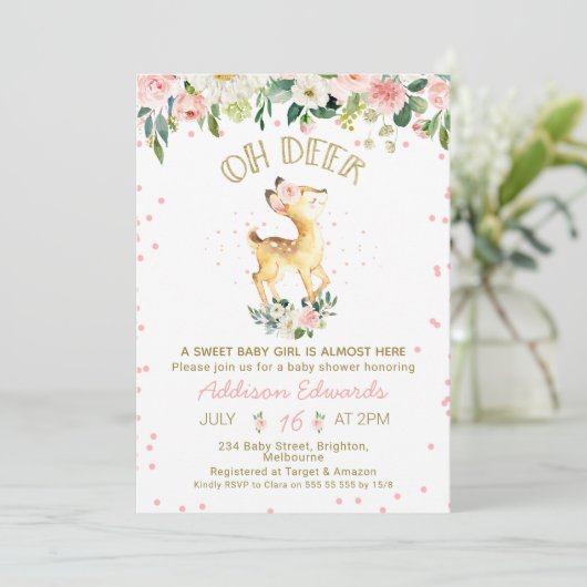 ピンクフローラオーディアガールズベビーシャワー招待状 招待状 (スタンド正面)