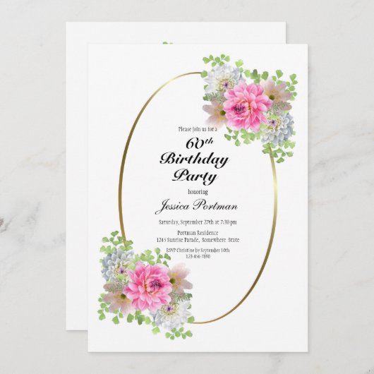 ピンクフローラオーバル60th誕生日パーティー 招待状 (正面/裏面)