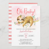 ピンクフローラオーベビーガールカワイトナマケモノのベビーシャワー 招待状 (正面/裏面)