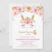 ピンクフローラカウトバニーラビット6番誕生日ガール 招待状 (正面)