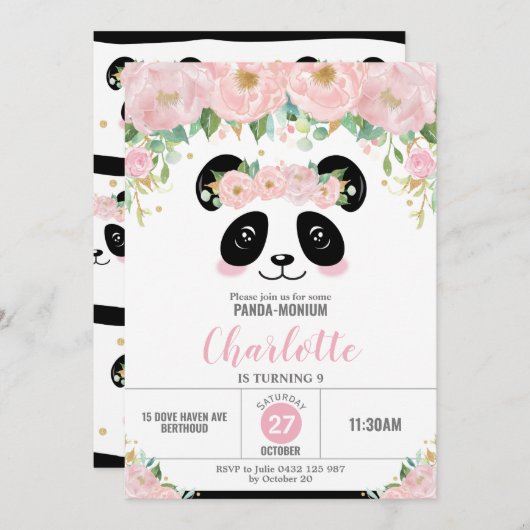 ピンクフローラカウトパンダ誕生パーティー 招待状 (正面/裏面)