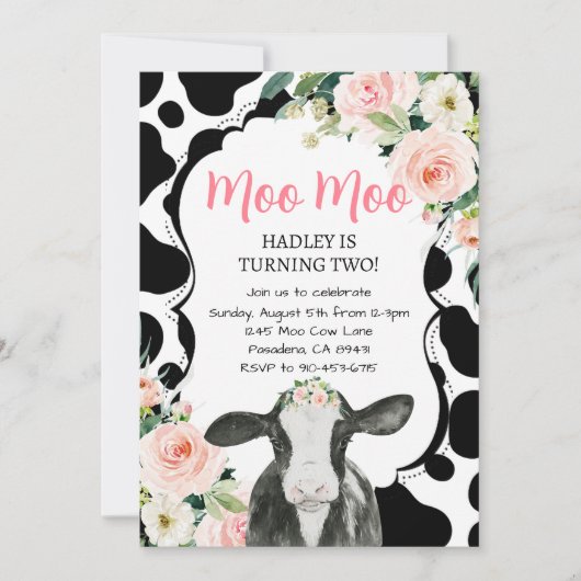 ピンクフローラカウファーム誕生日招待状 招待状 (正面)