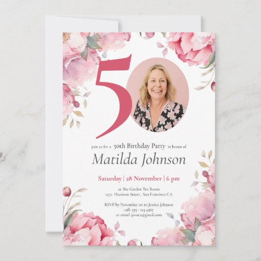 ピンクフローラカスタム水彩写真50誕生日 招待状 (正面)