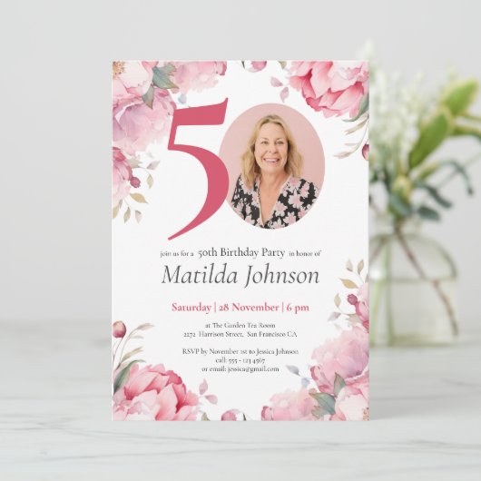 ピンクフローラカスタム水彩写真50誕生日 招待状 (スタンド正面)