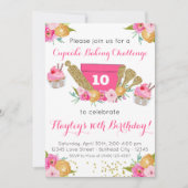 ピンクフローラカップケーキベーキングチャレンジ誕生日 招待状 (正面)